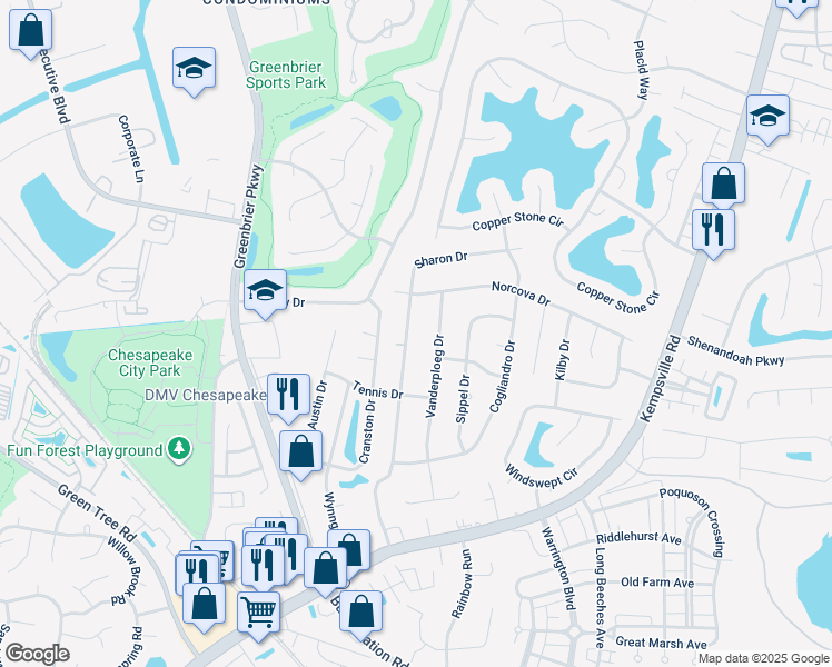 map of restaurants, bars, coffee shops, grocery stores, and more near 1061 Sharon Drive in Chesapeake
