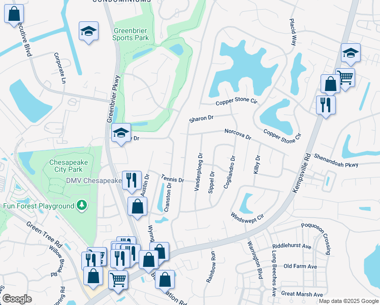 map of restaurants, bars, coffee shops, grocery stores, and more near 1061 Sharon Drive in Chesapeake