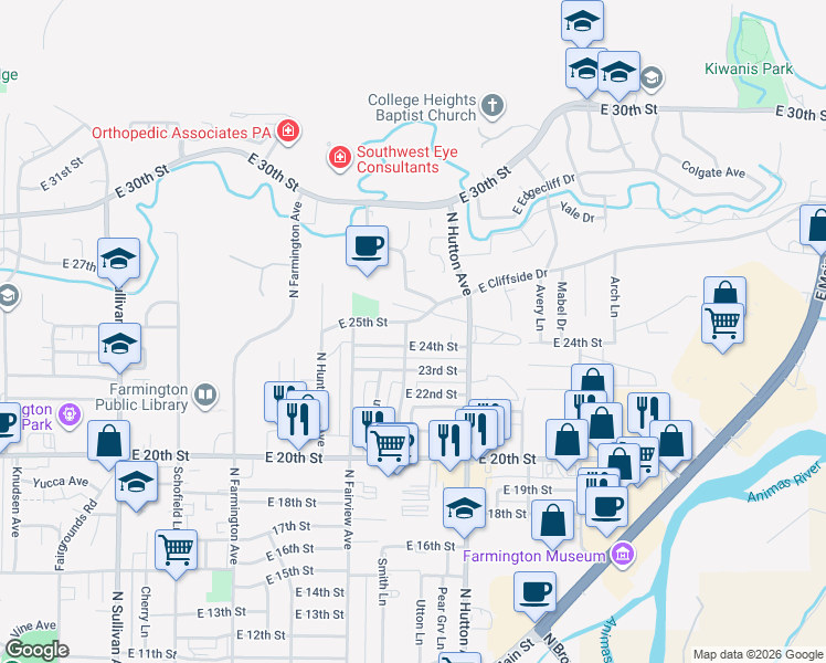map of restaurants, bars, coffee shops, grocery stores, and more near 2613 East 24th Street in Farmington
