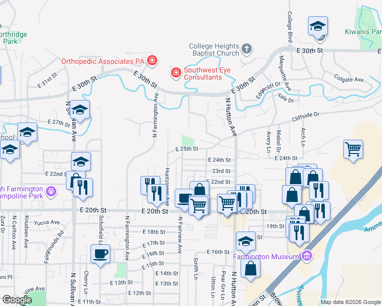 map of restaurants, bars, coffee shops, grocery stores, and more near 2417 East 24th Street in Farmington
