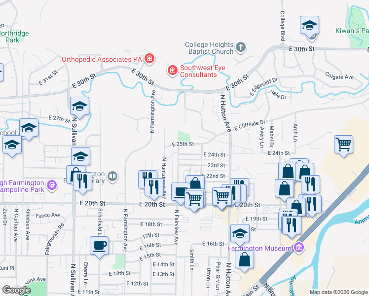 map of restaurants, bars, coffee shops, grocery stores, and more near 2417 East 24th Street in Farmington