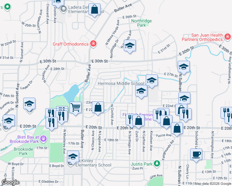 map of restaurants, bars, coffee shops, grocery stores, and more near 2304 North Cochiti Avenue in Farmington