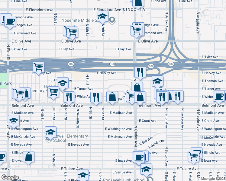 map of restaurants, bars, coffee shops, grocery stores, and more near 4041 Plaza Drive West in Fresno