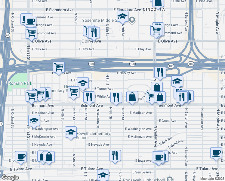 map of restaurants, bars, coffee shops, grocery stores, and more near 3861 East White Avenue in Fresno