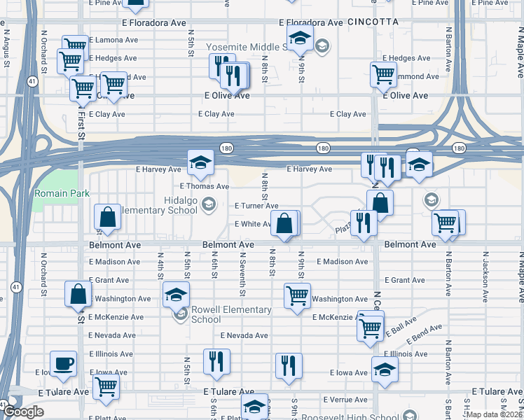 map of restaurants, bars, coffee shops, grocery stores, and more near 3797 East White Avenue in Fresno