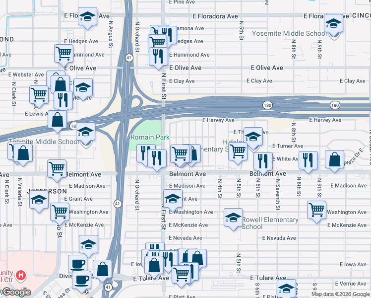 map of restaurants, bars, coffee shops, grocery stores, and more near 551 North Fisher Street in Fresno