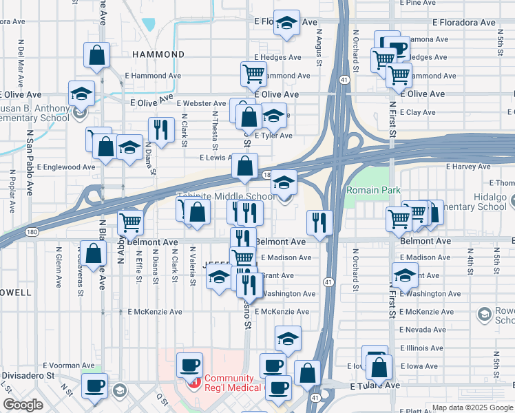 map of restaurants, bars, coffee shops, grocery stores, and more near 2511 East White Avenue in Fresno