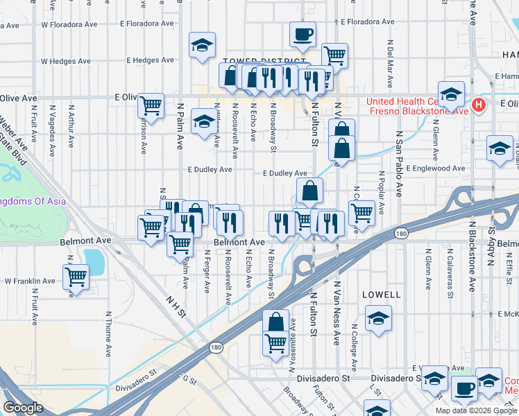 map of restaurants, bars, coffee shops, grocery stores, and more near 610 North Echo Avenue in Fresno