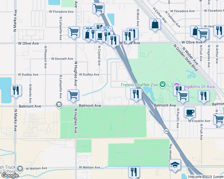 map of restaurants, bars, coffee shops, grocery stores, and more near 1631 West Thomas Avenue in Fresno