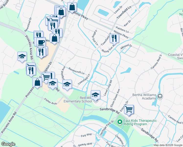 map of restaurants, bars, coffee shops, grocery stores, and more near 2680 Level Loop Road in Virginia Beach