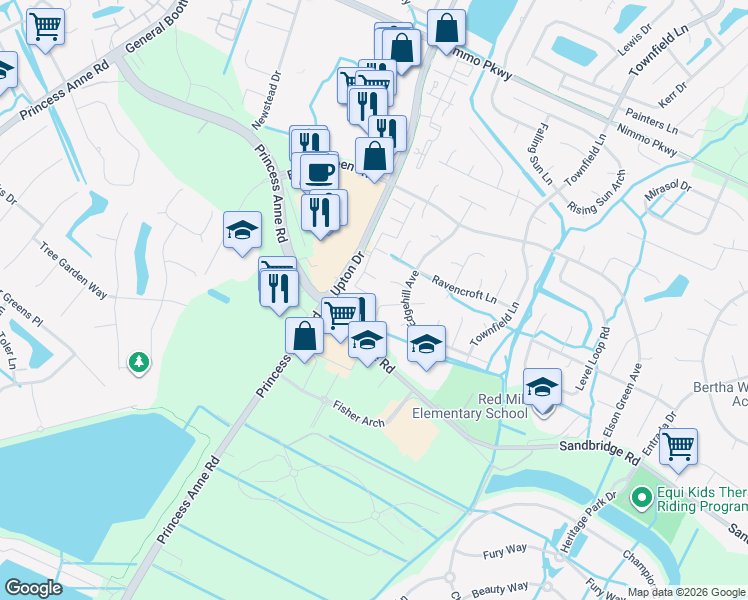 map of restaurants, bars, coffee shops, grocery stores, and more near 2028 Westham Woods Court in Virginia Beach