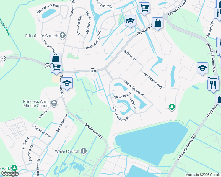 map of restaurants, bars, coffee shops, grocery stores, and more near 2512 Ferguson Court in Virginia Beach