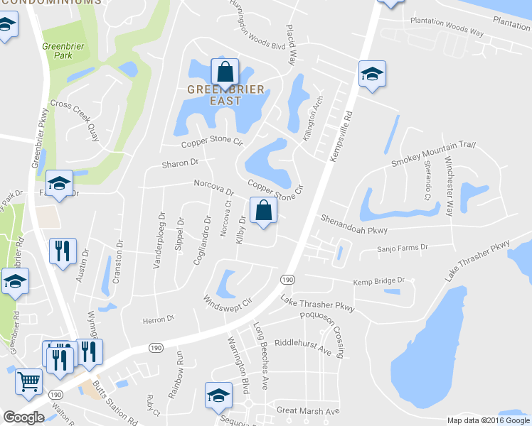 map of restaurants, bars, coffee shops, grocery stores, and more near 840 Kemp Meadow Drive in Chesapeake