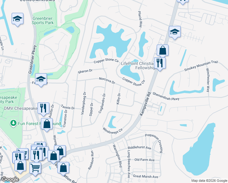 map of restaurants, bars, coffee shops, grocery stores, and more near 1116 Norcova Court in Chesapeake