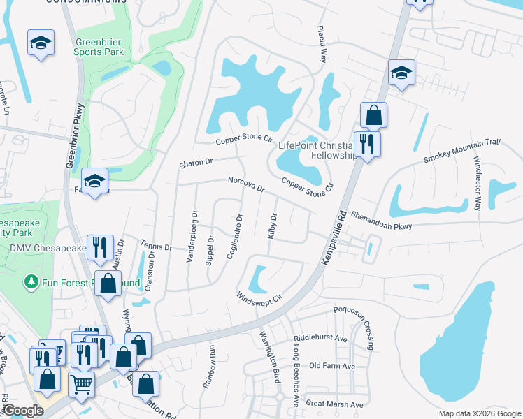 map of restaurants, bars, coffee shops, grocery stores, and more near 1116 Norcova Court in Chesapeake