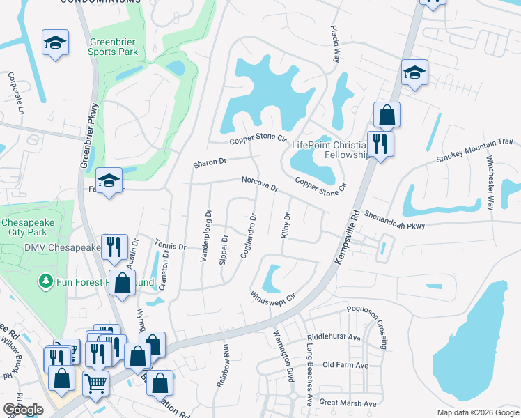 map of restaurants, bars, coffee shops, grocery stores, and more near 1116 Norcova Court in Chesapeake