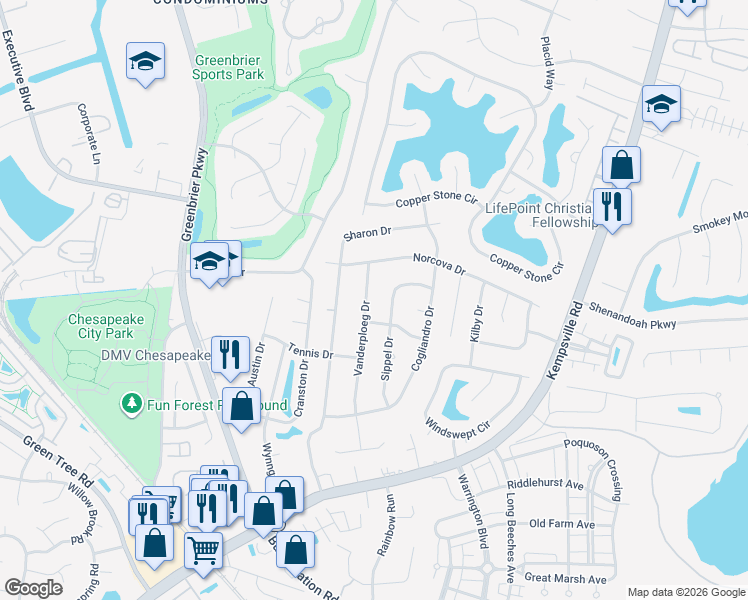 map of restaurants, bars, coffee shops, grocery stores, and more near 1049 Vanderploeg Drive in Chesapeake