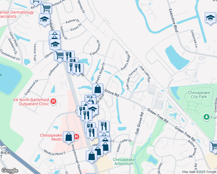 map of restaurants, bars, coffee shops, grocery stores, and more near 302 Fairfax Terrace in Chesapeake