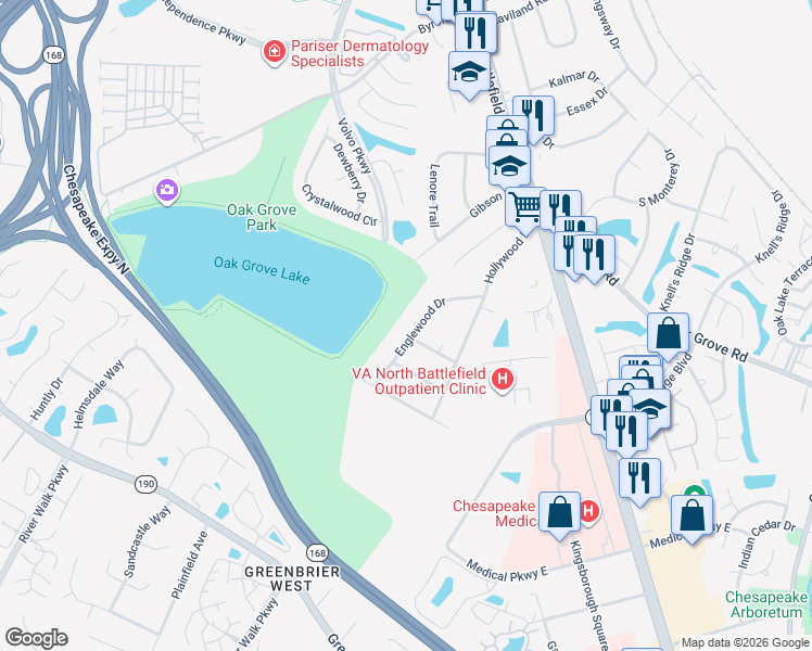 map of restaurants, bars, coffee shops, grocery stores, and more near 820 Englewood Drive in Chesapeake