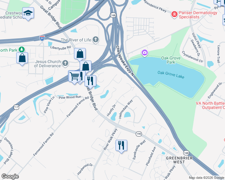 map of restaurants, bars, coffee shops, grocery stores, and more near 918 Rue Marseille in Chesapeake