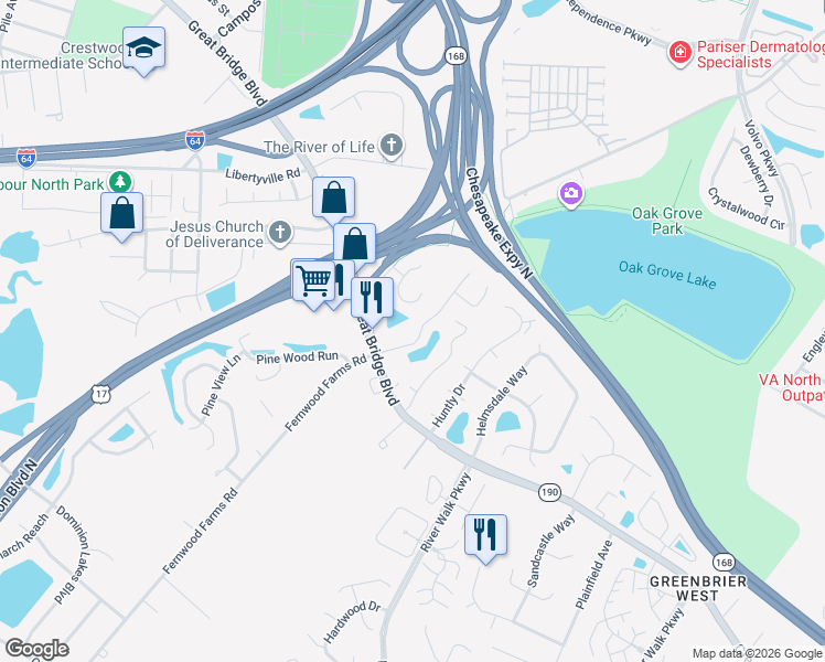 map of restaurants, bars, coffee shops, grocery stores, and more near 727 Wickford Drive in Chesapeake
