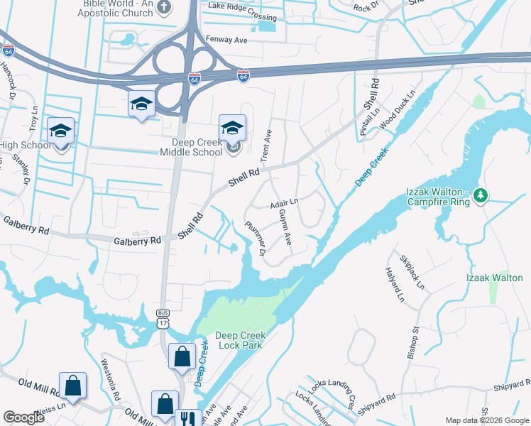 map of restaurants, bars, coffee shops, grocery stores, and more near 509 Amster Lane in Chesapeake