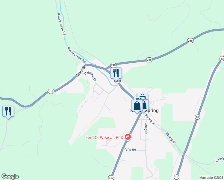 map of restaurants, bars, coffee shops, grocery stores, and more near 74 Larue Street in Reeds Spring