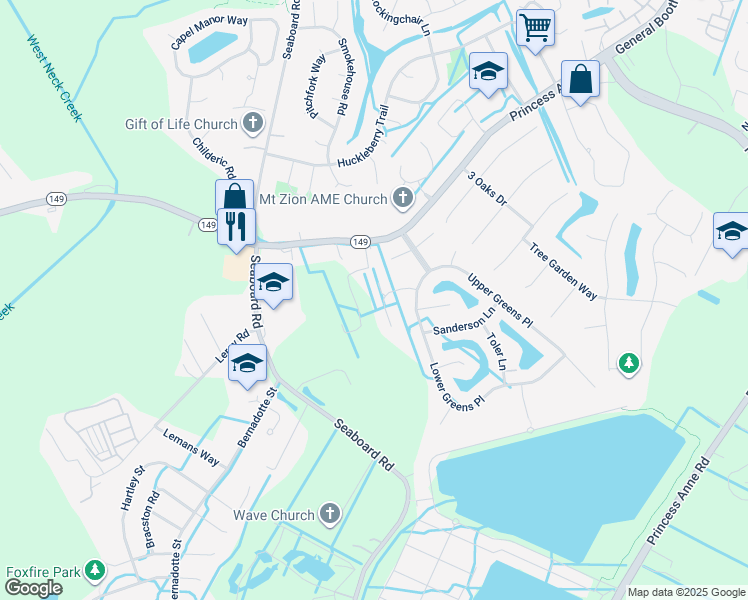 map of restaurants, bars, coffee shops, grocery stores, and more near 2529 Bodnar Lane in Virginia Beach