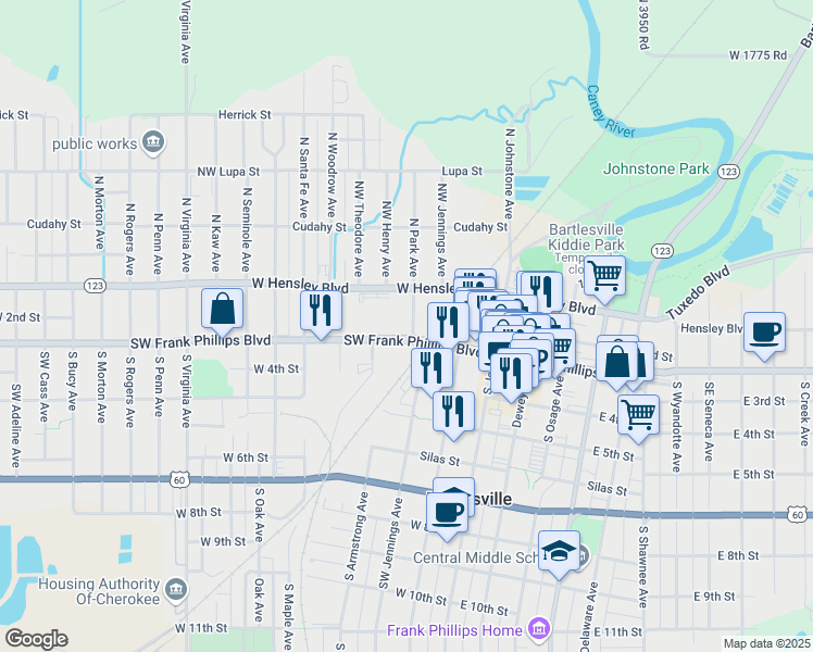 map of restaurants, bars, coffee shops, grocery stores, and more near 400 Southwest Frank Phillips Boulevard in Bartlesville
