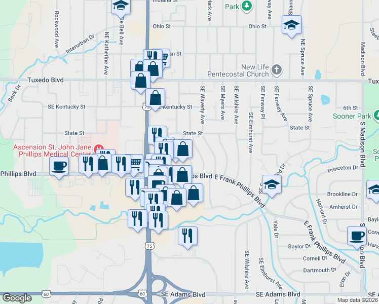 map of restaurants, bars, coffee shops, grocery stores, and more near 3920 Southeast Frank Phillips Boulevard in Bartlesville