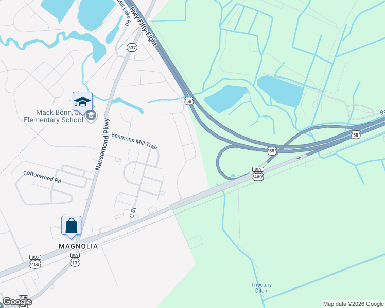 map of restaurants, bars, coffee shops, grocery stores, and more near 2020 Petersen Way in Suffolk