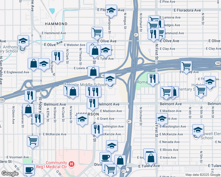 map of restaurants, bars, coffee shops, grocery stores, and more near 630 North Augusta Street in Fresno