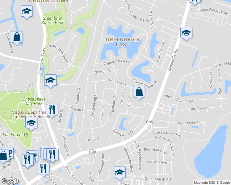 map of restaurants, bars, coffee shops, grocery stores, and more near 1020 Cogliandro Drive in Chesapeake