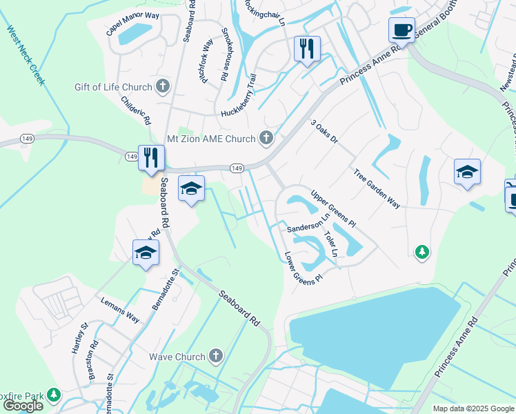 map of restaurants, bars, coffee shops, grocery stores, and more near 2524 Bodnar Lane in Virginia Beach