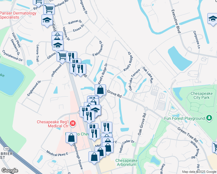 map of restaurants, bars, coffee shops, grocery stores, and more near 204 Knell's Ridge Drive in Chesapeake