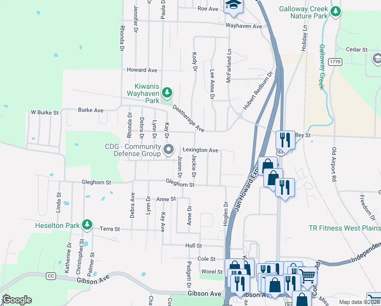 map of restaurants, bars, coffee shops, grocery stores, and more near 2100-2198 Jackie Drive in West Plains