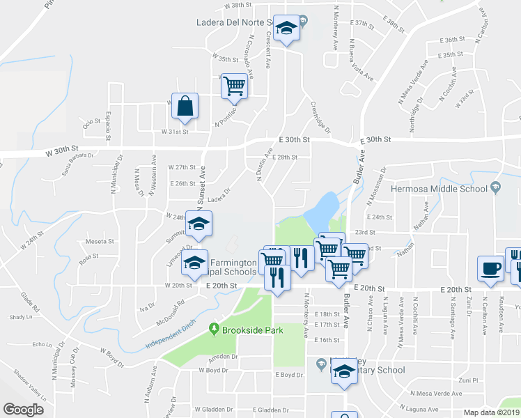 map of restaurants, bars, coffee shops, grocery stores, and more near 2401 North Dustin Avenue in Farmington
