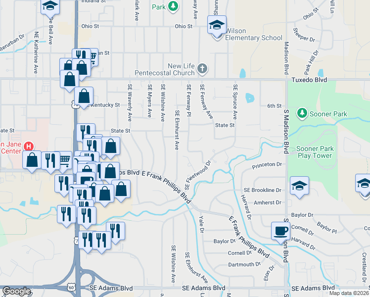 map of restaurants, bars, coffee shops, grocery stores, and more near 348 Southeast Elmhurst Avenue in Bartlesville