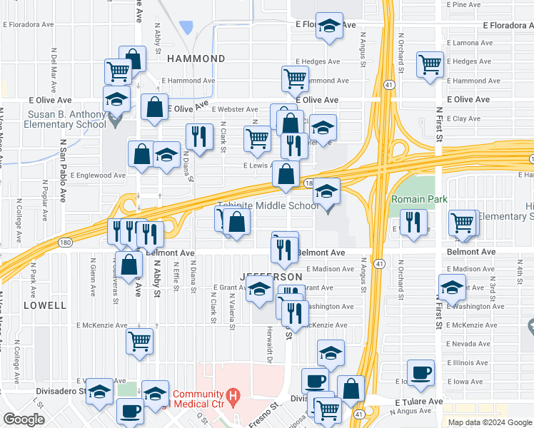 map of restaurants, bars, coffee shops, grocery stores, and more near 2339 East White Avenue in Fresno