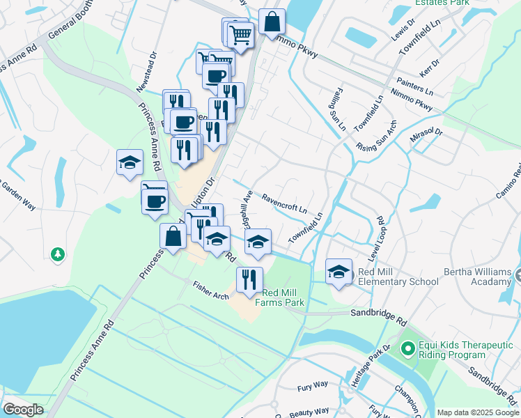 map of restaurants, bars, coffee shops, grocery stores, and more near 2601 Dunlace Way in Virginia Beach