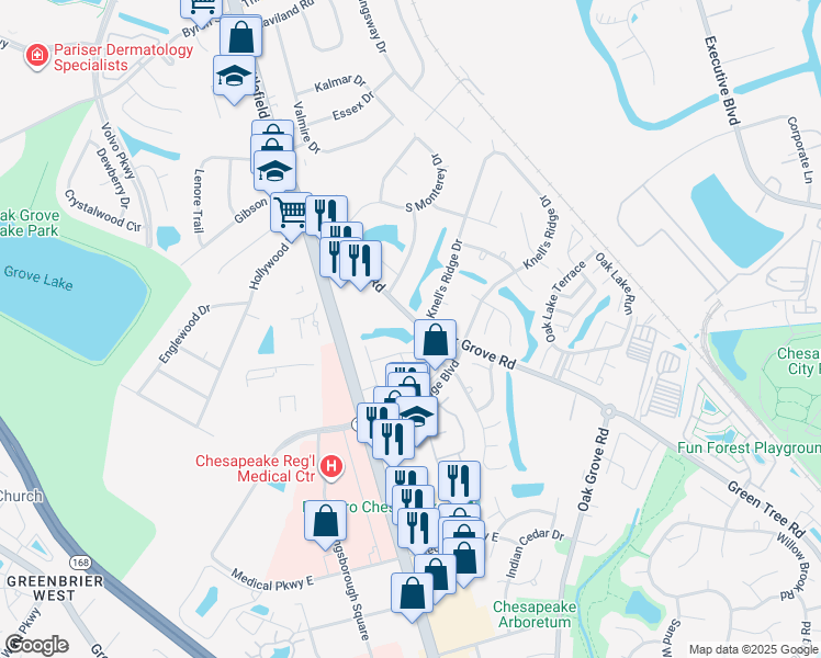 map of restaurants, bars, coffee shops, grocery stores, and more near 800-846 Oak Grove Rd in Chesapeake