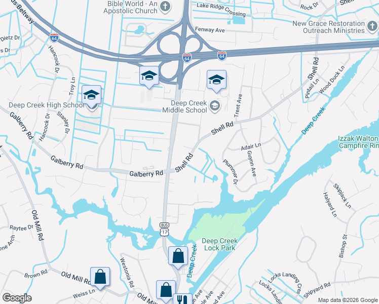 map of restaurants, bars, coffee shops, grocery stores, and more near 423 Shell Road in Chesapeake