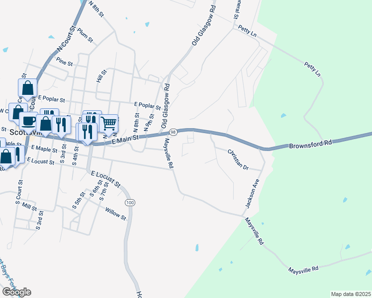 map of restaurants, bars, coffee shops, grocery stores, and more near 770 East Maple Street in Scottsville
