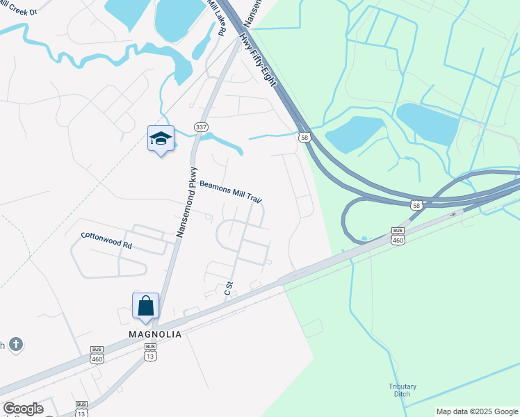map of restaurants, bars, coffee shops, grocery stores, and more near 1186 C Street in Suffolk