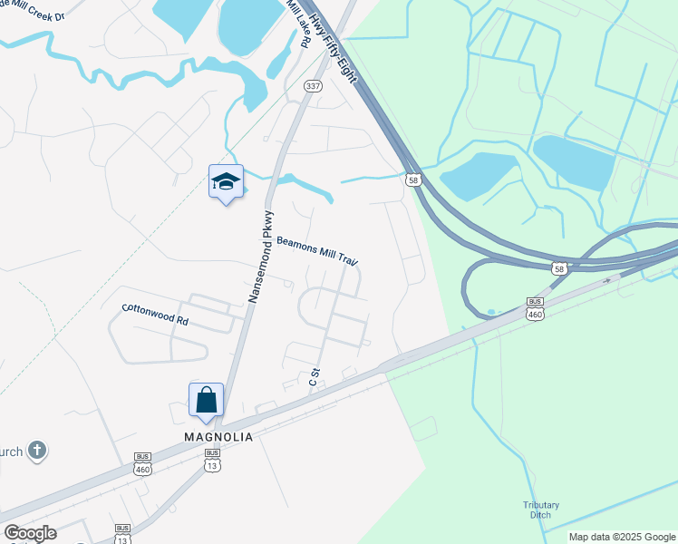 map of restaurants, bars, coffee shops, grocery stores, and more near 1193 C Street in Suffolk
