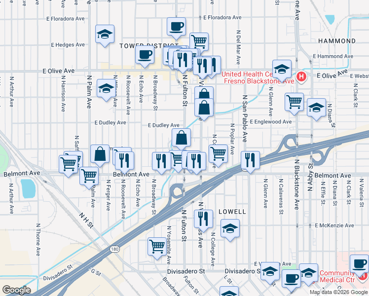 map of restaurants, bars, coffee shops, grocery stores, and more near North Fulton Street & East Thomas Avenue in Fresno
