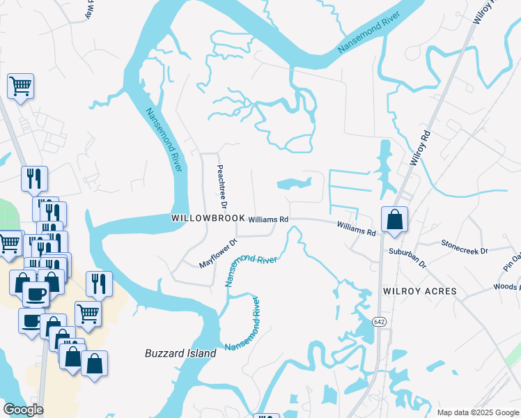 map of restaurants, bars, coffee shops, grocery stores, and more near 1205 Parker Drive in Suffolk