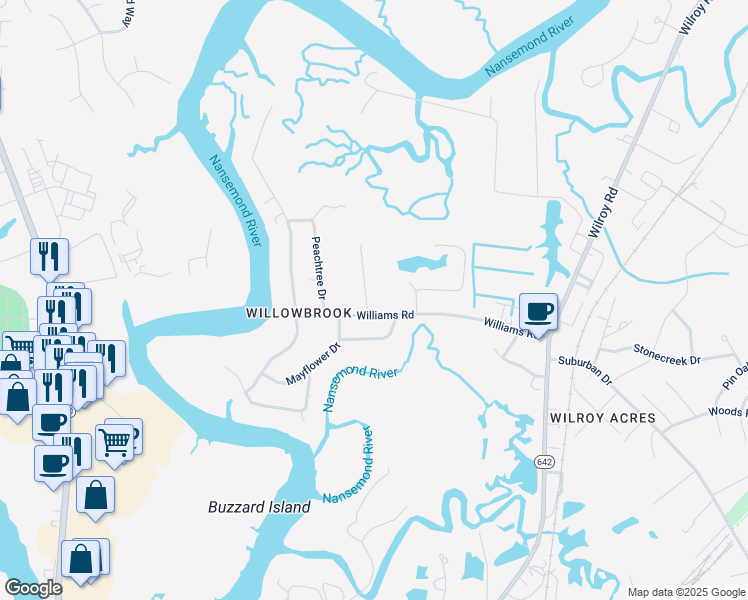 map of restaurants, bars, coffee shops, grocery stores, and more near 1205 Parker Drive in Suffolk