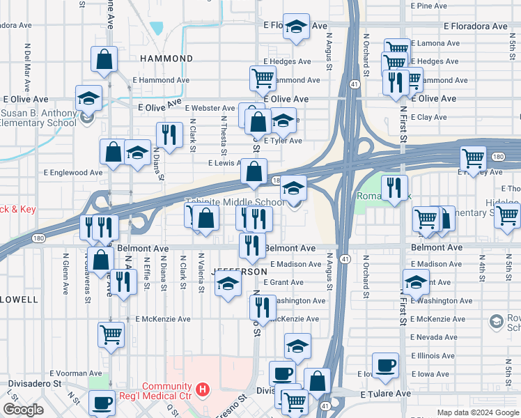 map of restaurants, bars, coffee shops, grocery stores, and more near 638 North Fresno Street in Fresno