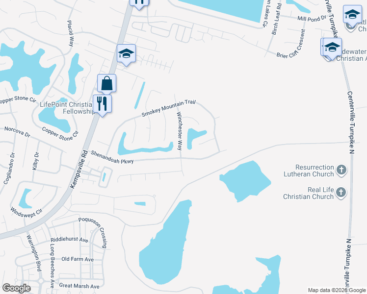 map of restaurants, bars, coffee shops, grocery stores, and more near 1017 Winchester Way in Chesapeake
